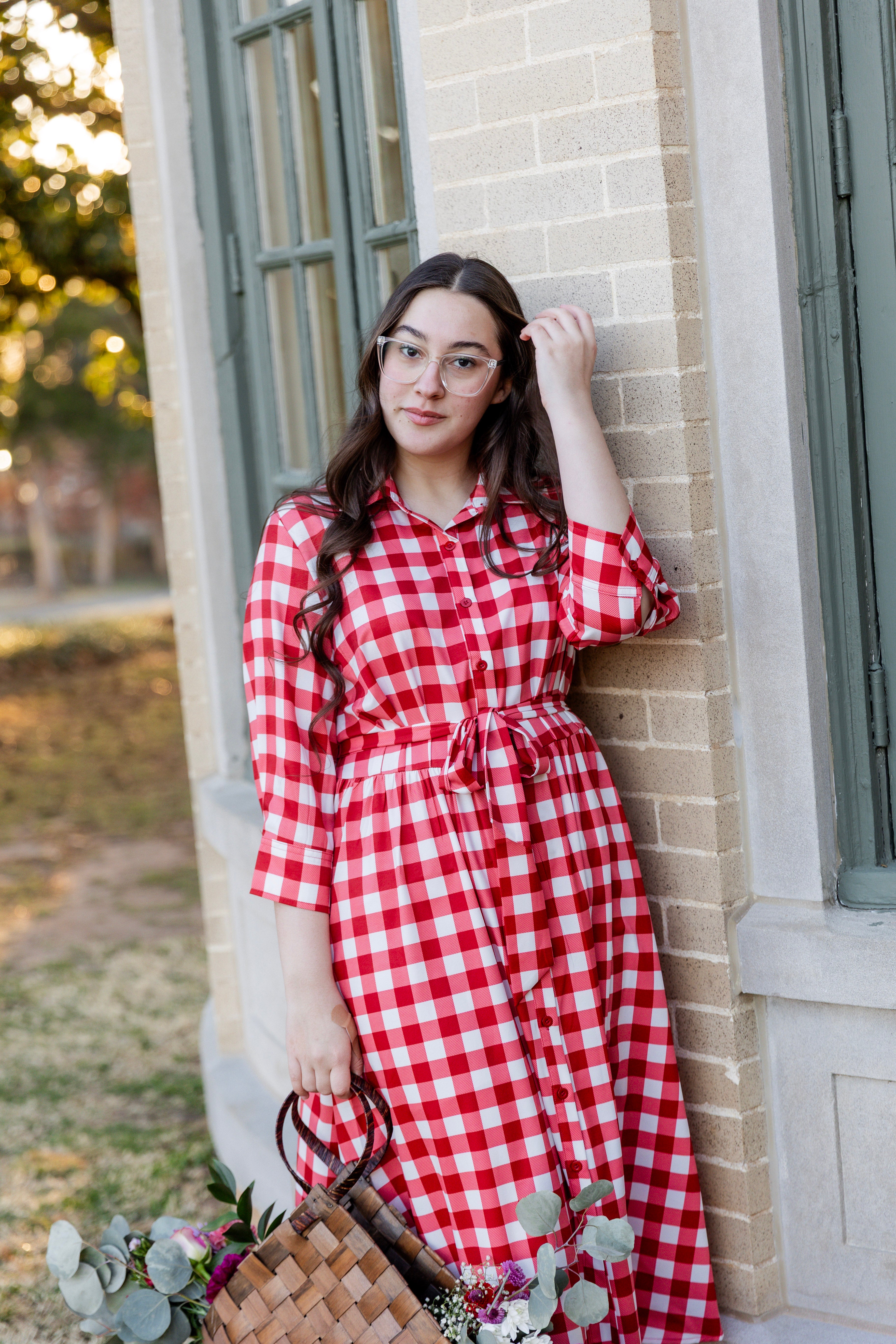 Model wearing the Nuggles® Rachel Dress in Cherry Jam
