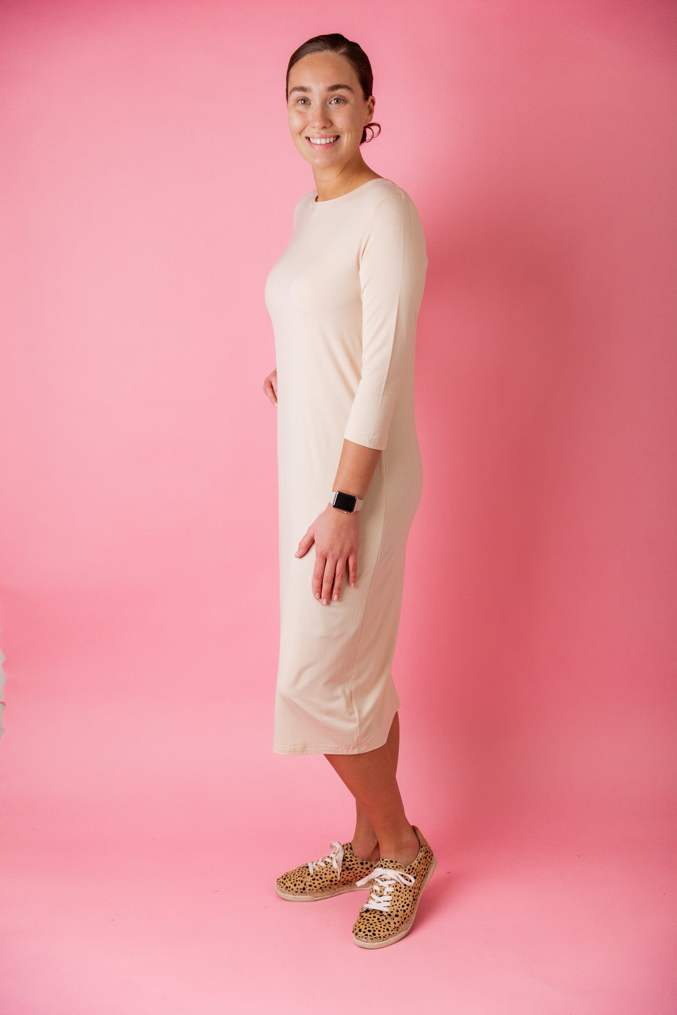 Model wearing  Nuggles® Original Style Midi Layering Dress in soft cotton knit