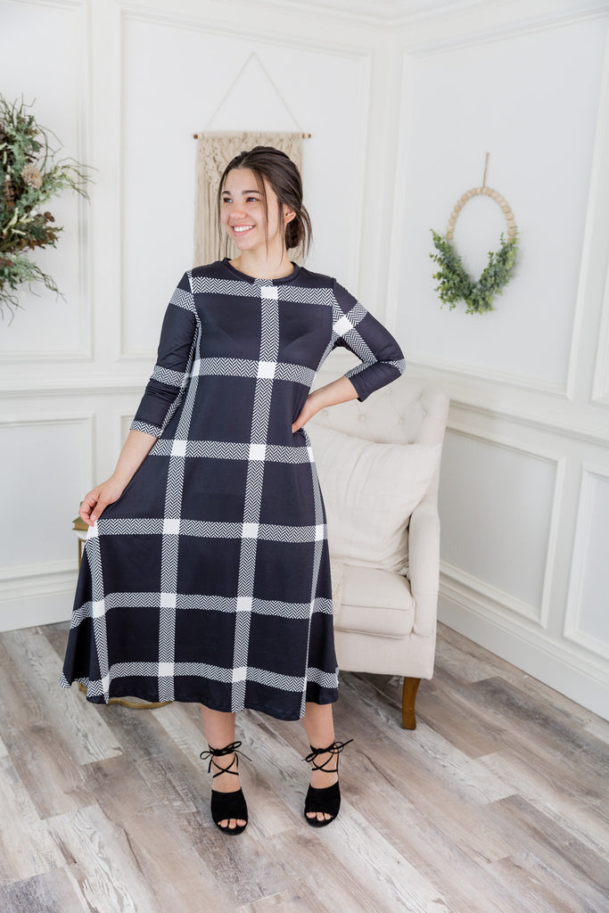 modest swing dress with 3/4 length sleeves prints solids