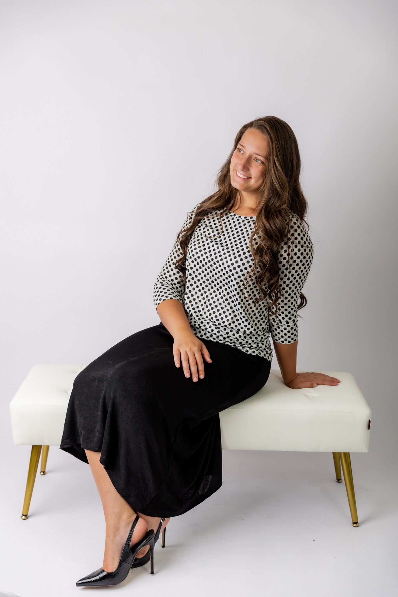 Nuggles® Renee Slinky Skirt – modest midi skirt in soft slinky stretch fabric, styled for everyday and dressy wear.