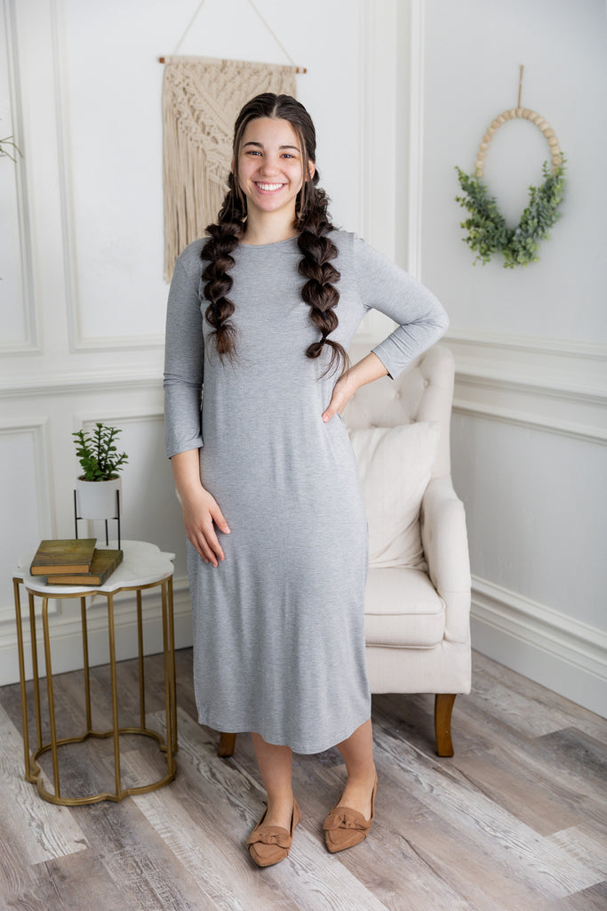 modest midi essential layering dress soft solid colors