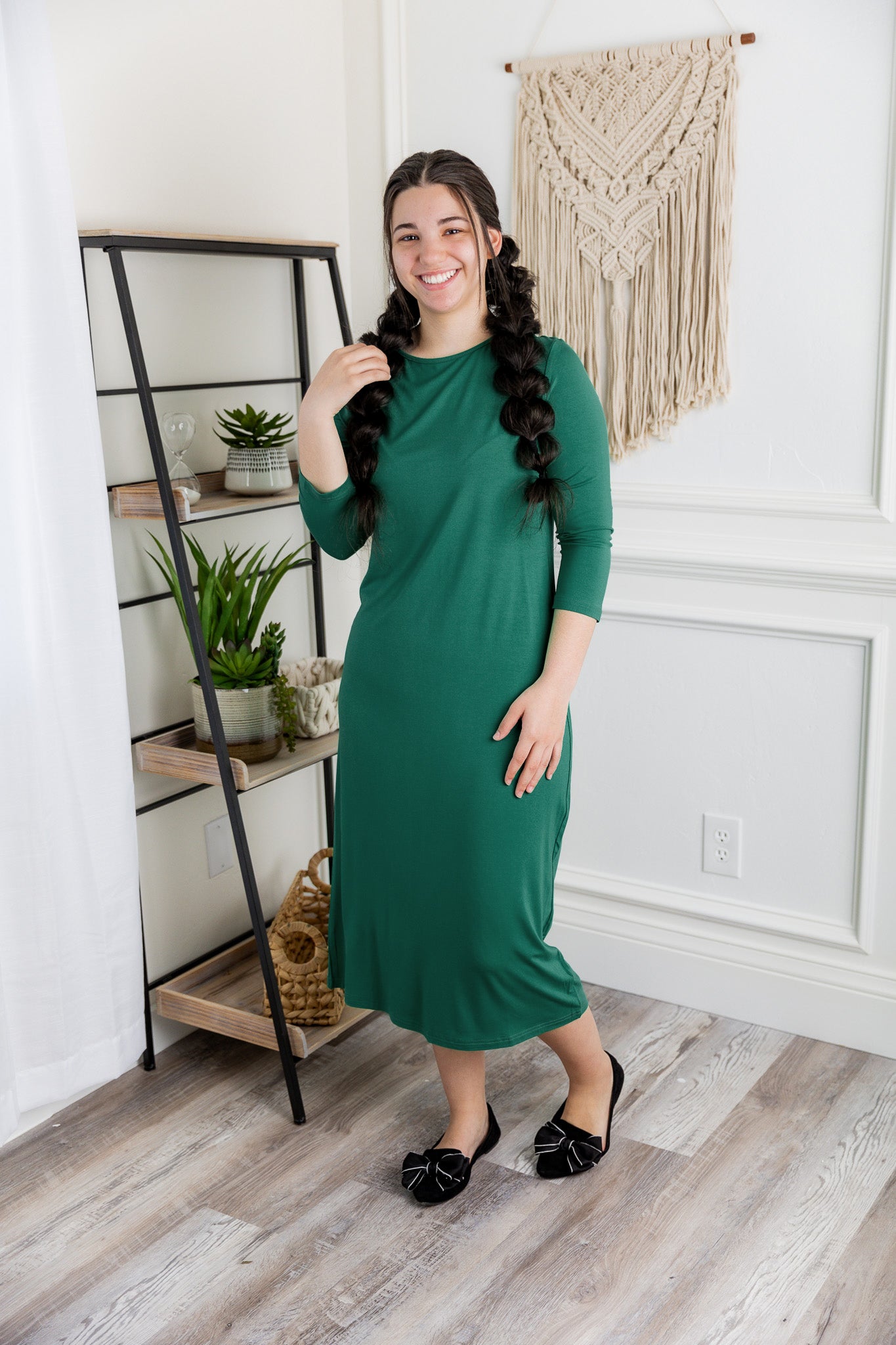 Model wearing  Nuggles® Original Style Midi Layering Dress in soft cotton knit