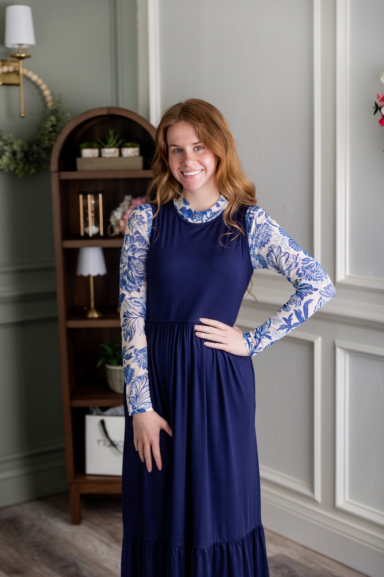 Model wearing Nuggles® Mesh Tee top in Confetti Bloom