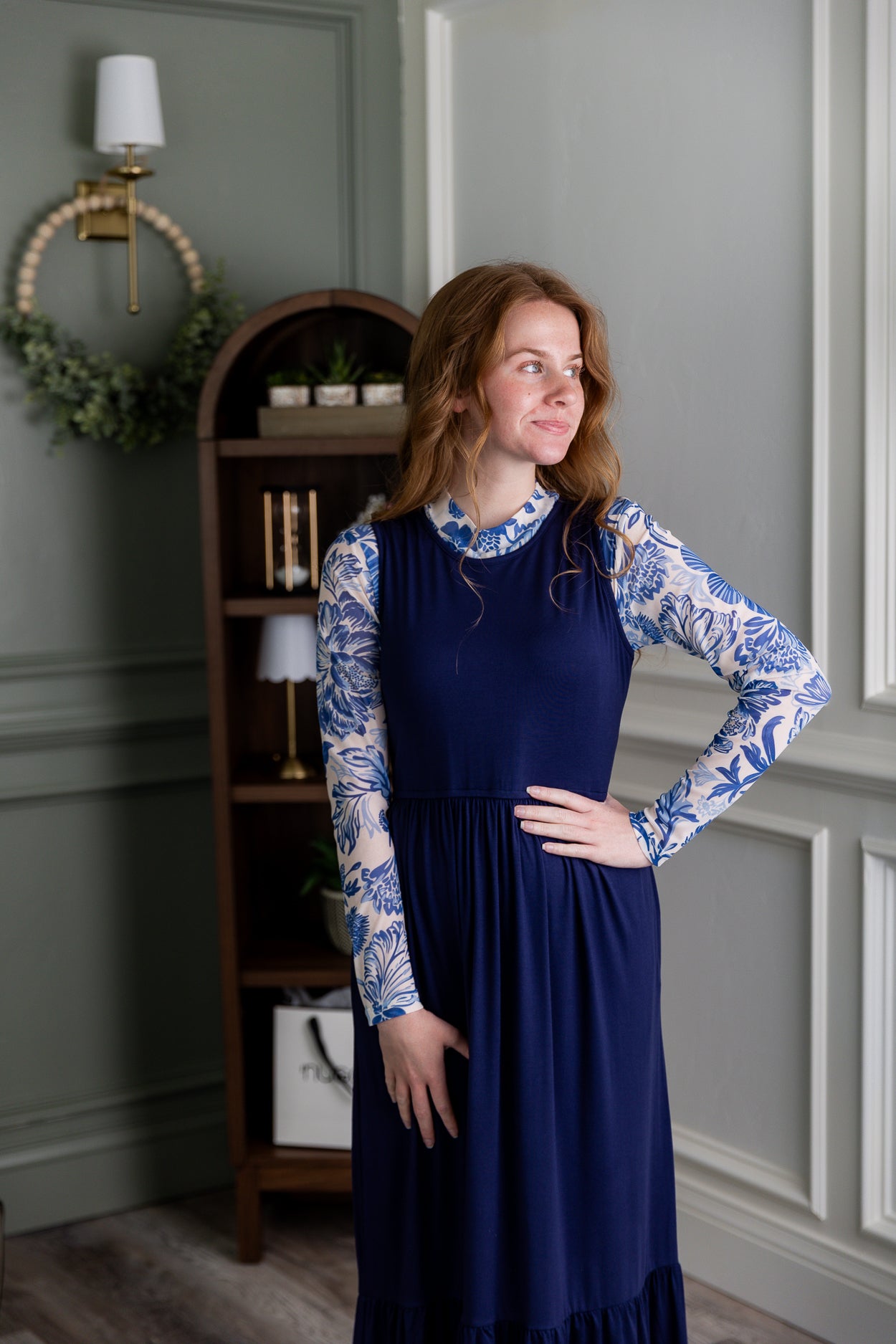 Model wearing Nuggles® Mesh Tee top in Confetti Bloom