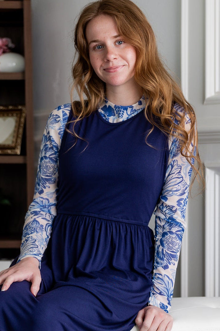 Model wearing Nuggles® Mesh Tee top in Confetti Bloom