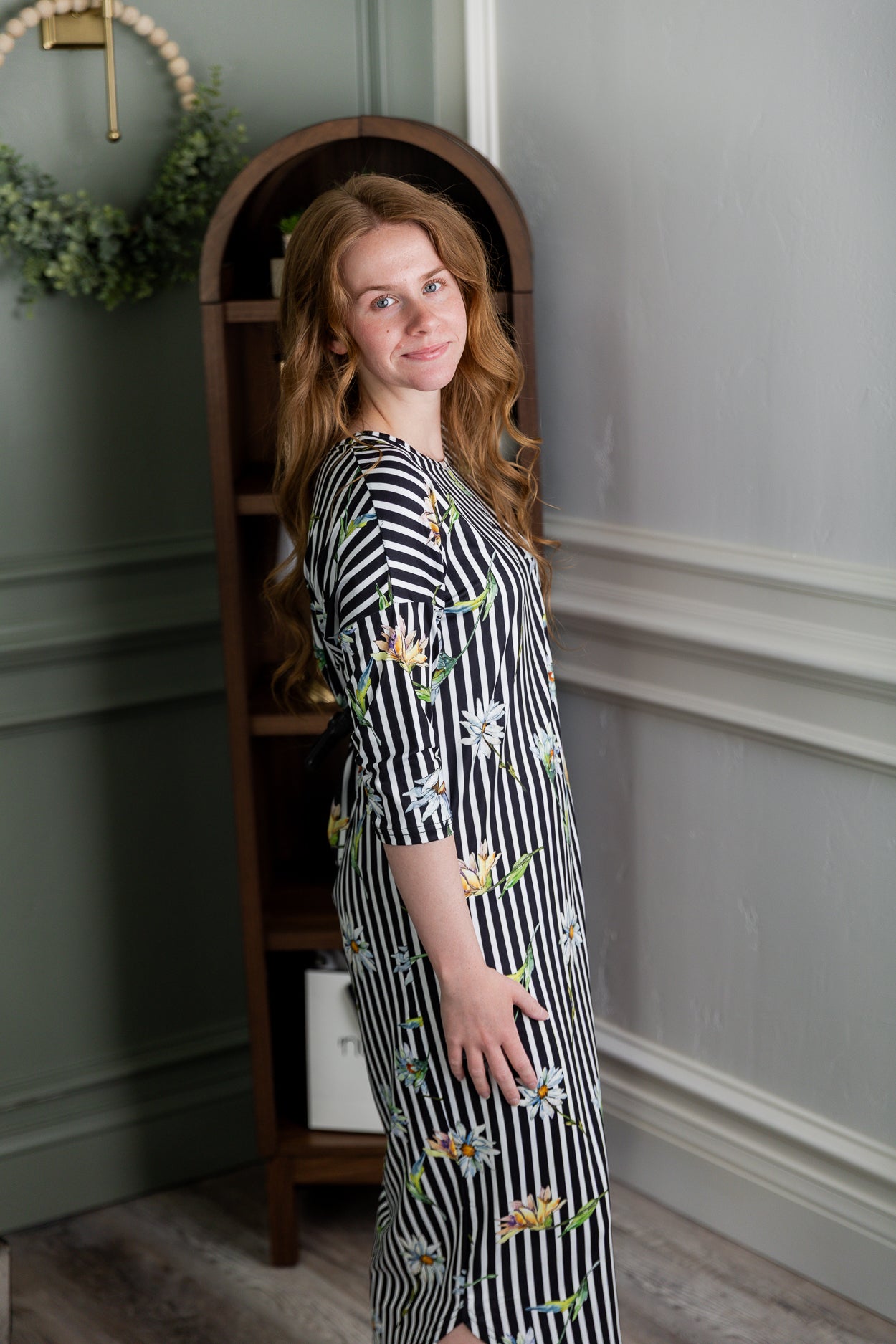 Model wearing Nuggles®  Heather Dress in Daisy Stripe