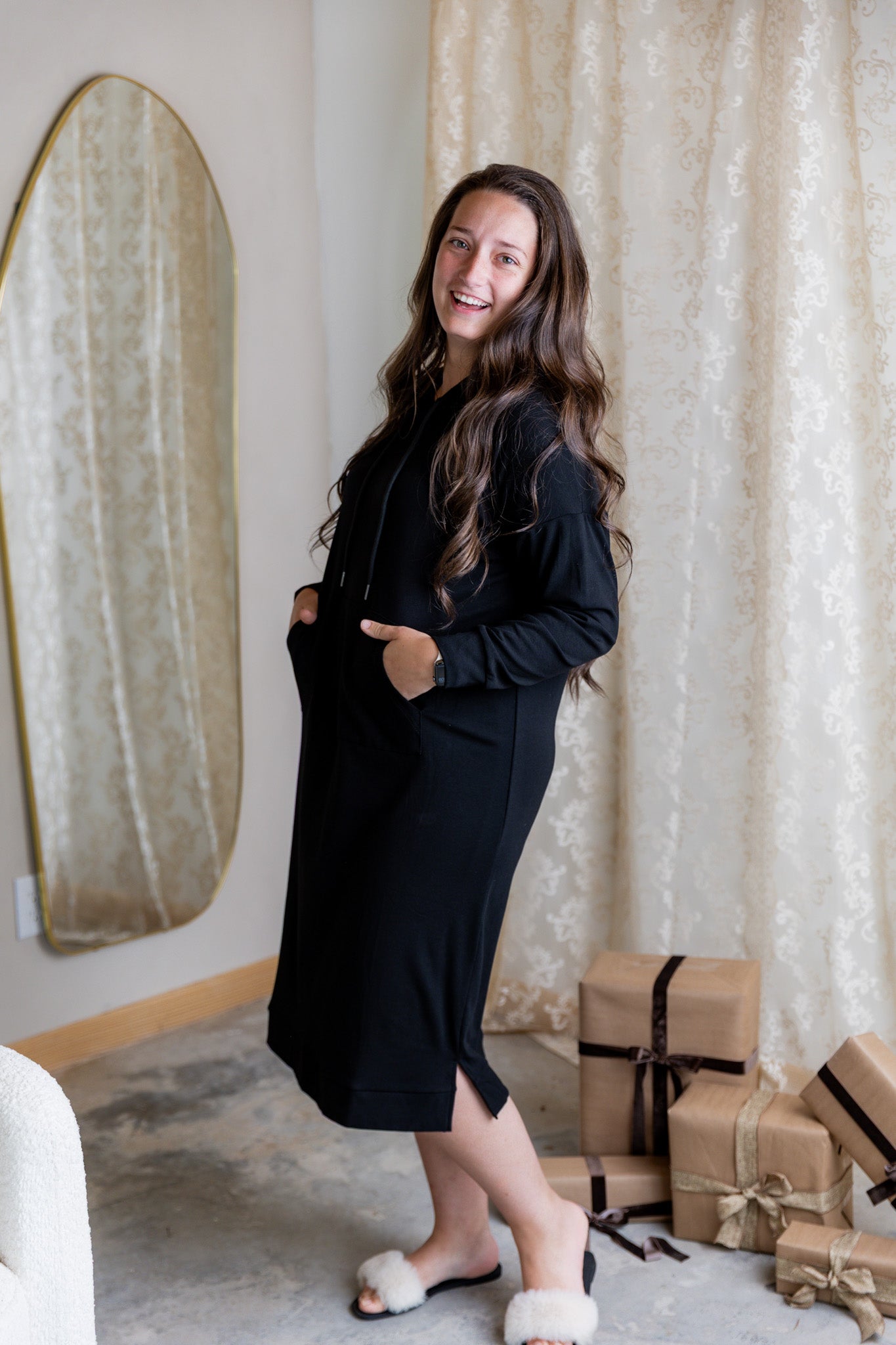 Modest hoodie dress by Nuggles®, soft and comfortable sweatshirt-style dress