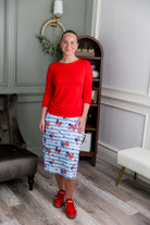 Model wearing Nuggles® 27" Sport Skirt in  Sky Ribbon Stripe