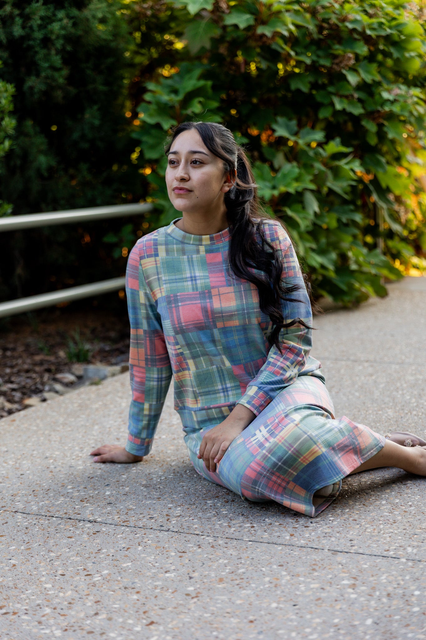 Nuggles® Iris two-piece set featuring soft knit midi skirt and crew-neck sweatshirt top