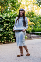 Nuggles® Iris two-piece set featuring soft knit midi skirt and crew-neck sweatshirt top