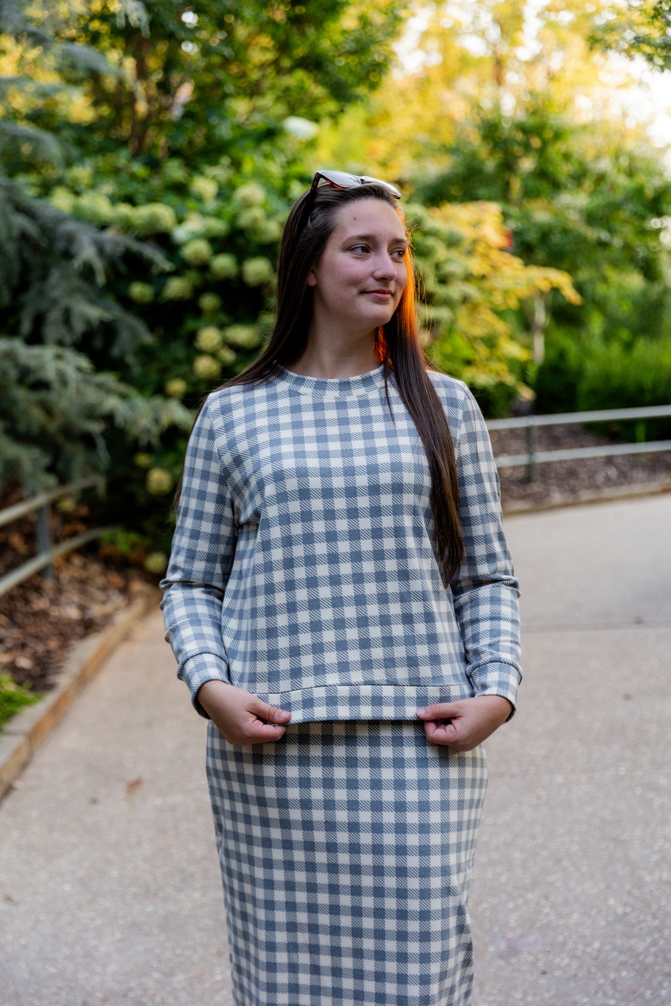 Nuggles® Iris two-piece set featuring soft knit midi skirt and crew-neck sweatshirt top