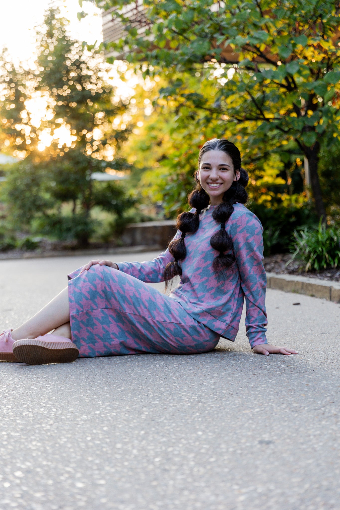 Nuggles® Iris two-piece set featuring soft knit midi skirt and crew-neck sweatshirt top