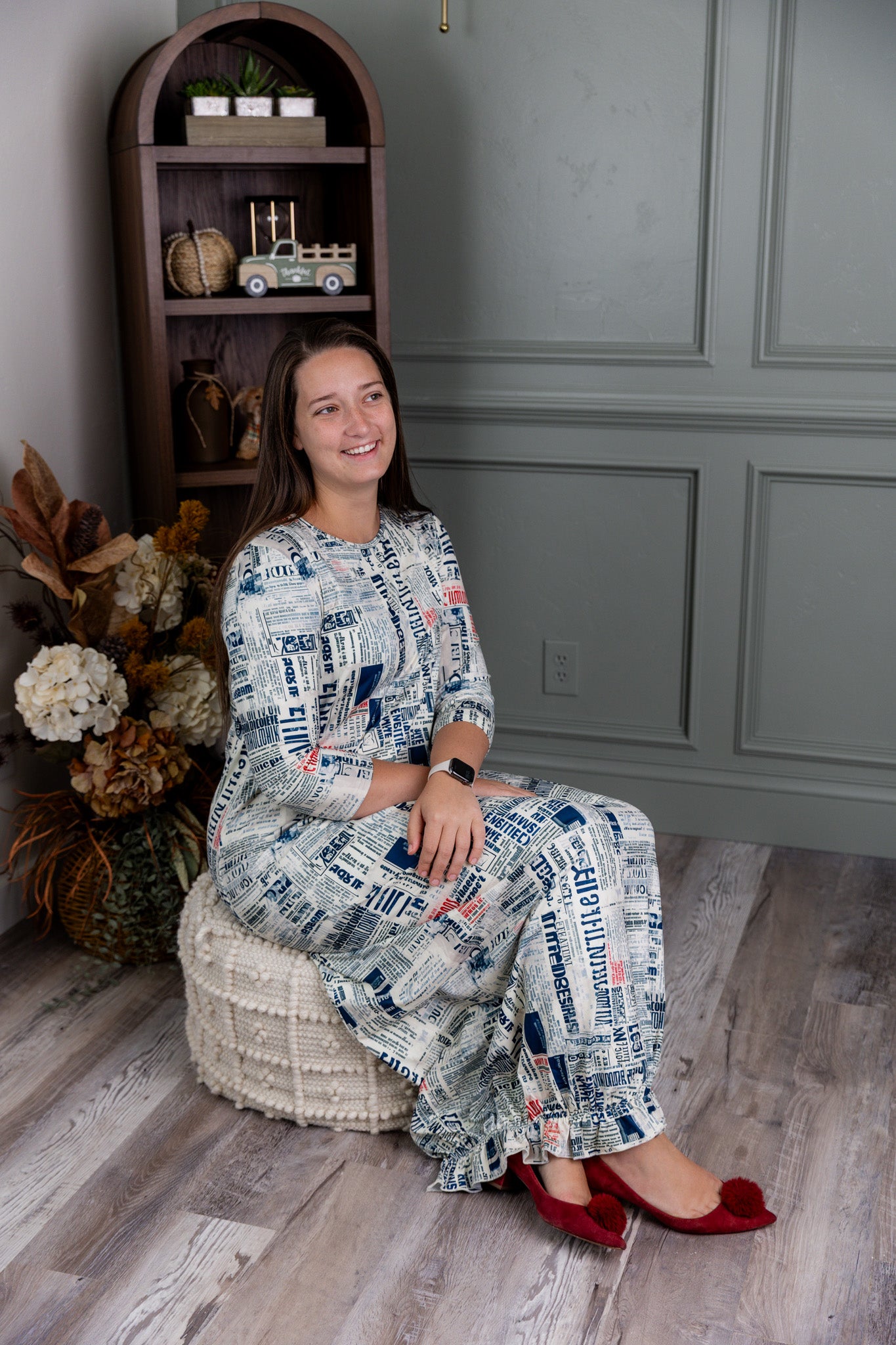 Model showing the modest and stylish Nuggles® Maxi Bristol Dress in assorted prints.