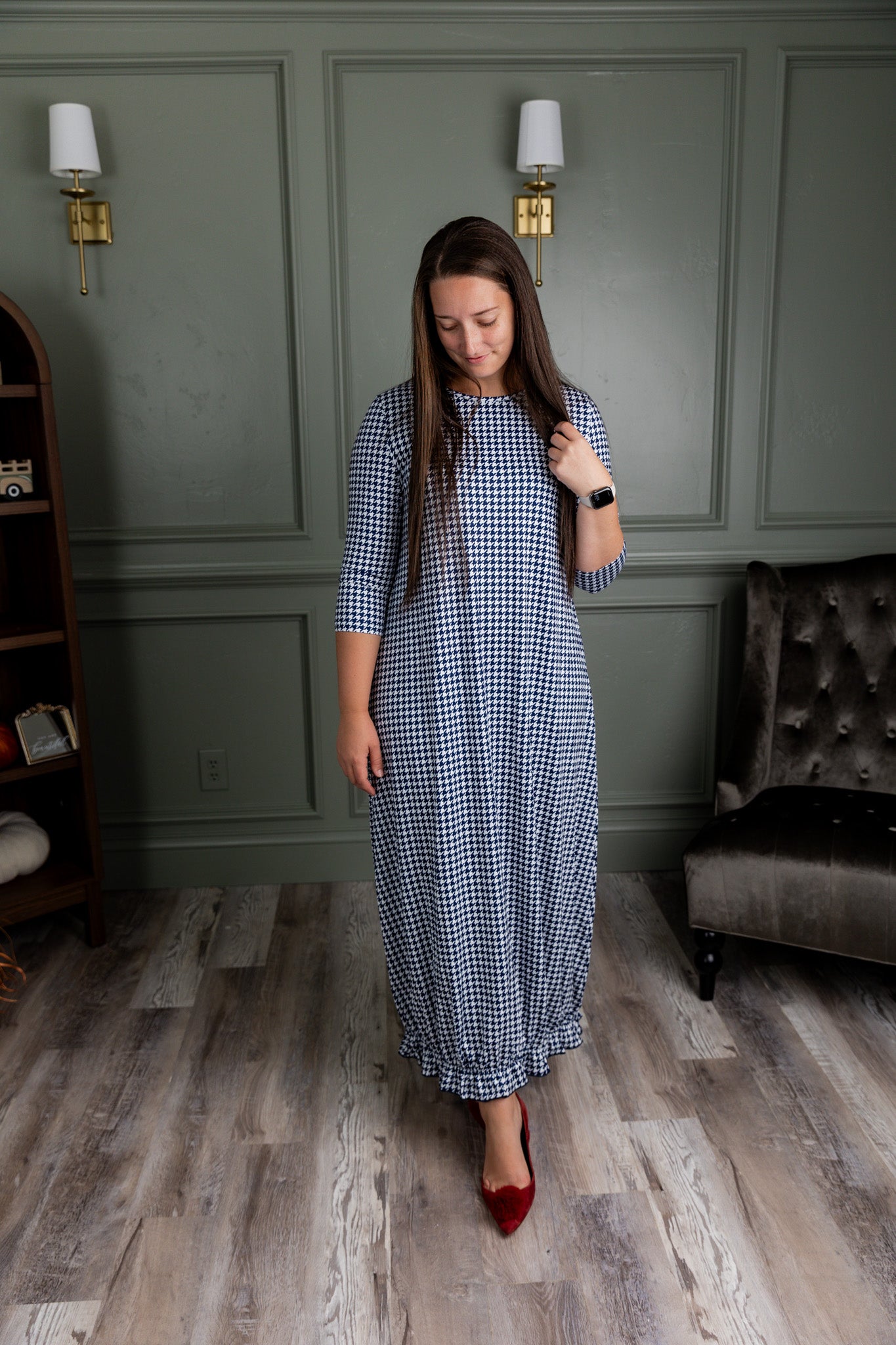 Model showing the modest and stylish Nuggles® Maxi Bristol Dress in assorted prints.