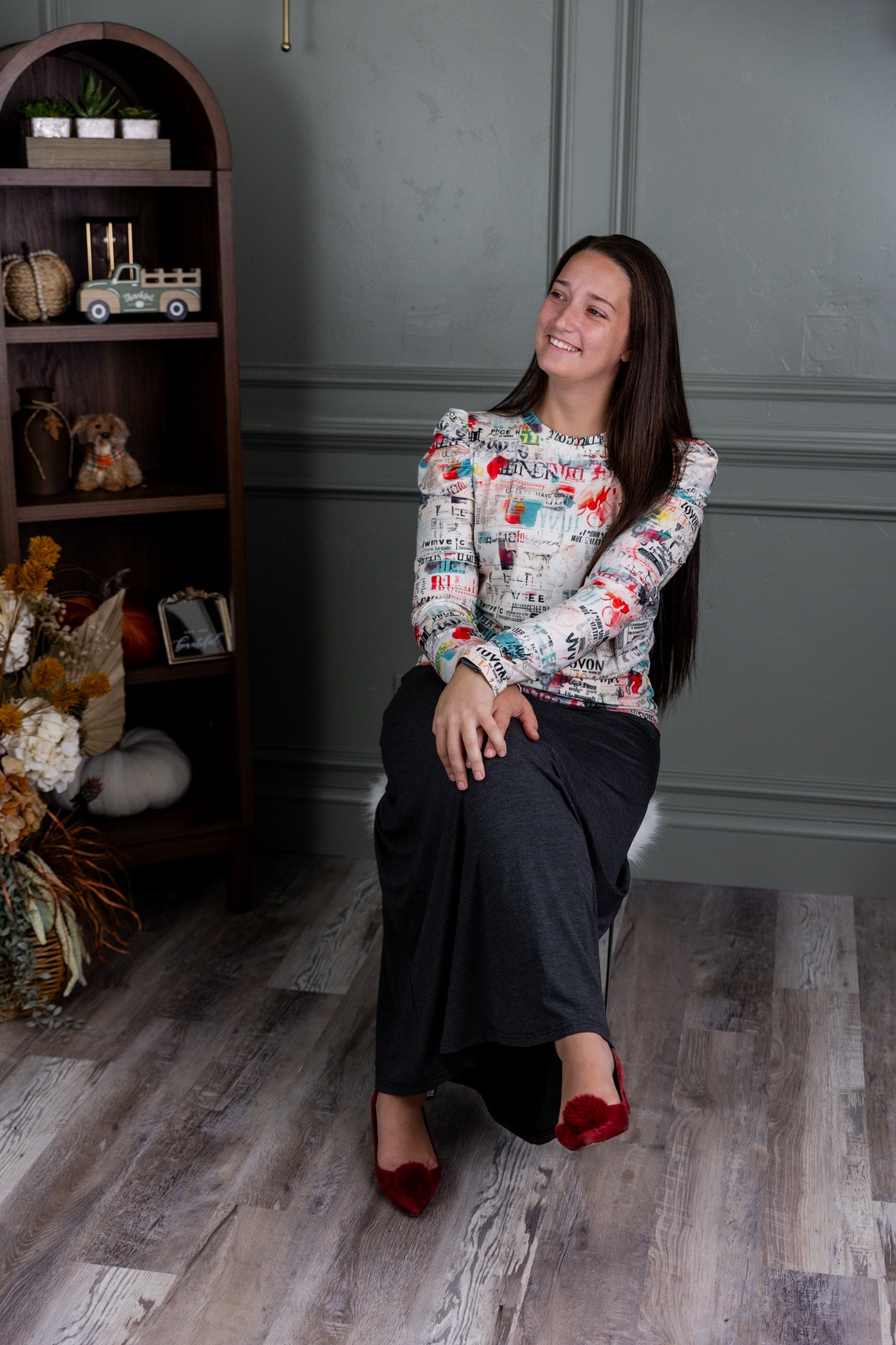 Nuggles® Kyliee top —long sleeve, high neck, puff shoulder modest style.