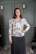 Nuggles® Kyliee top —long sleeve, high neck, puff shoulder modest style.