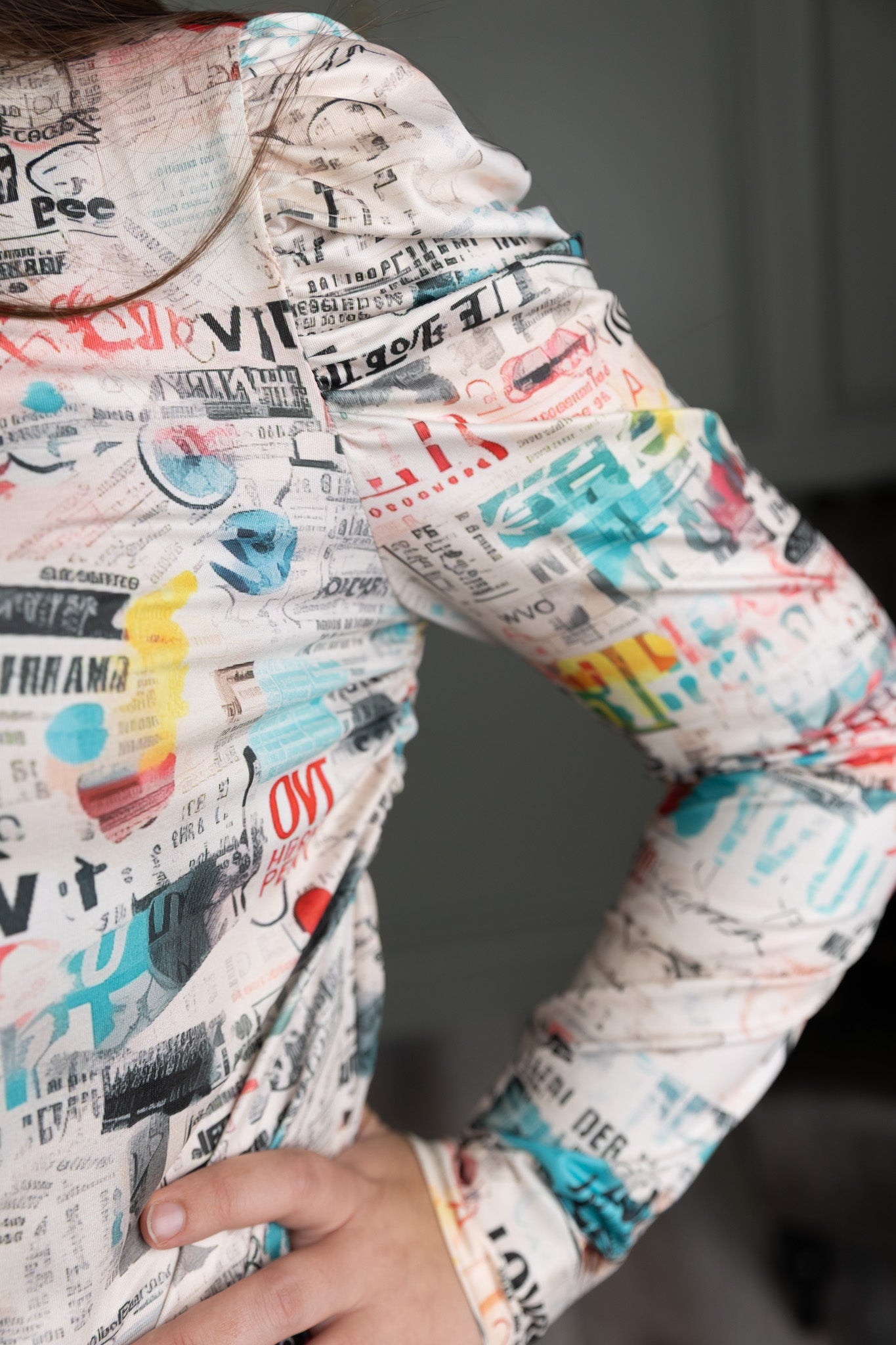 Nuggles® Kyliee top —long sleeve, high neck, puff shoulder modest style.