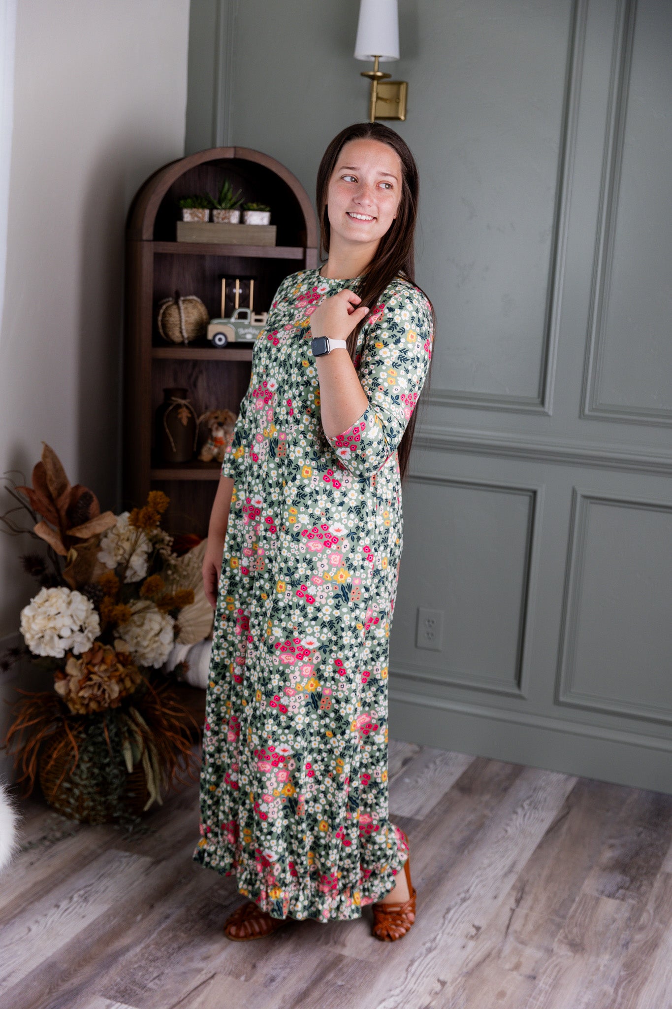 Model showing the modest and stylish Nuggles® Maxi Bristol Dress in assorted prints.