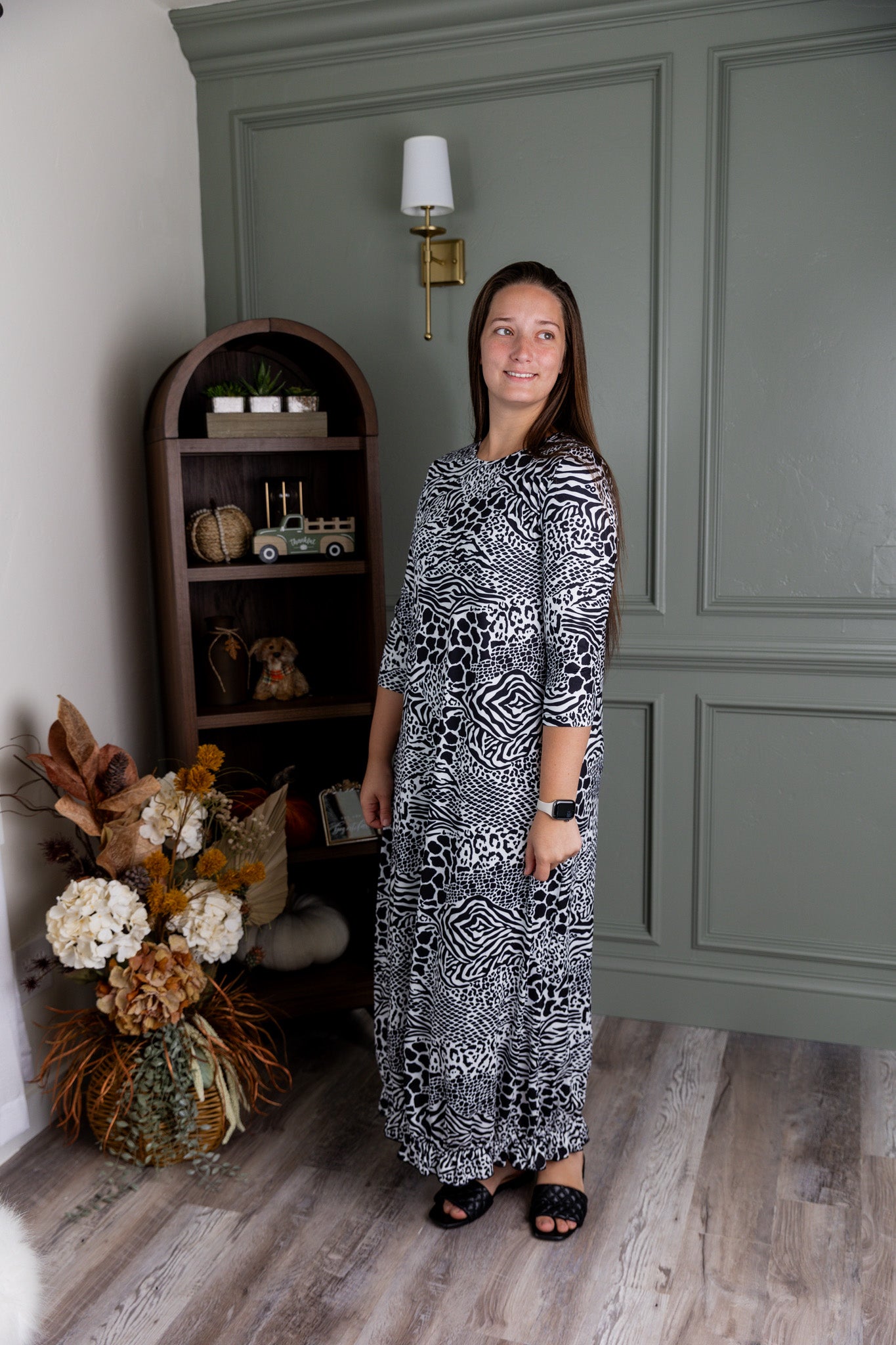 Model showing the modest and stylish Nuggles® Maxi Bristol Dress in assorted prints.