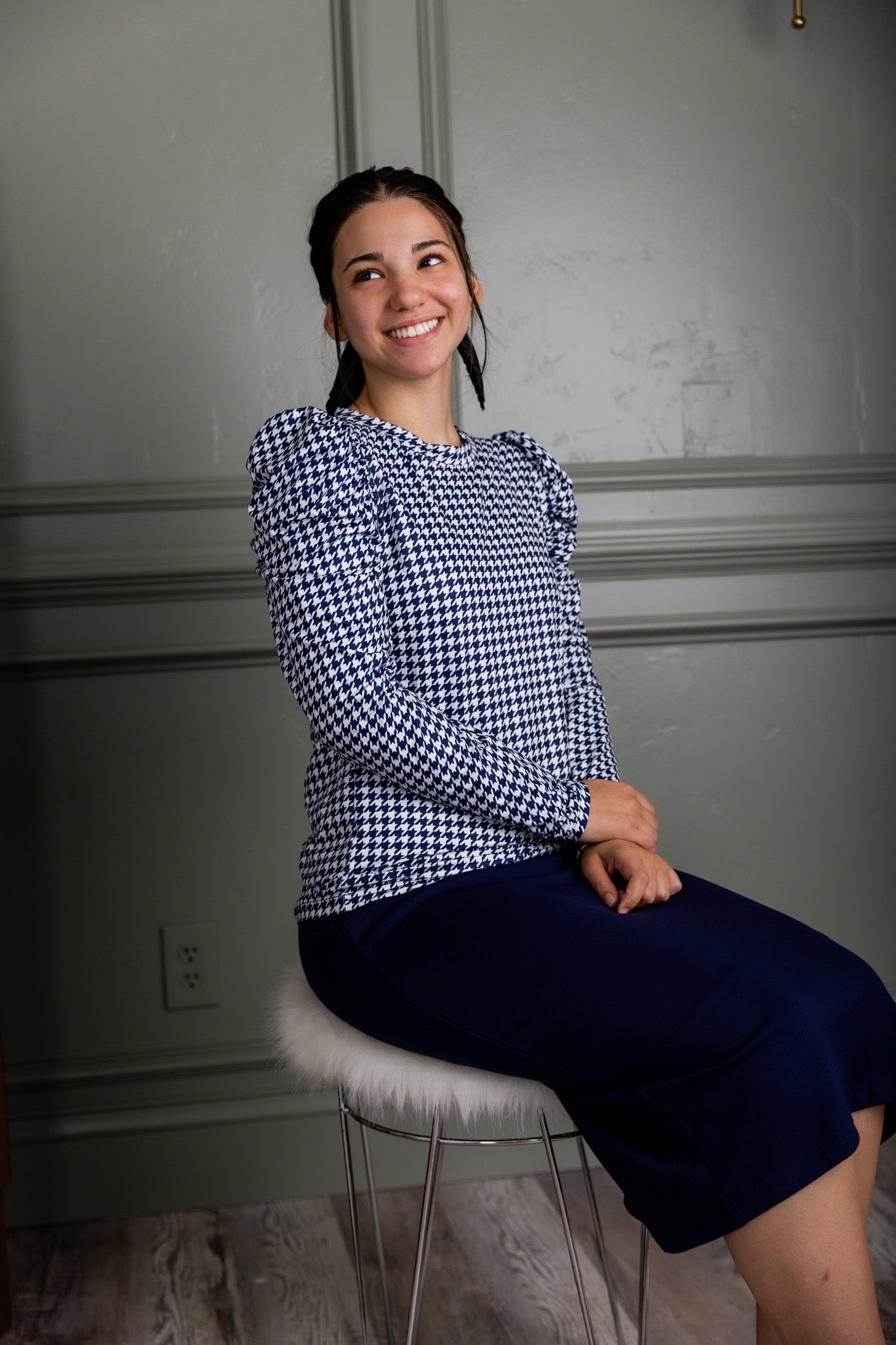 Nuggles® Kyliee top —long sleeve, high neck, puff shoulder modest style.