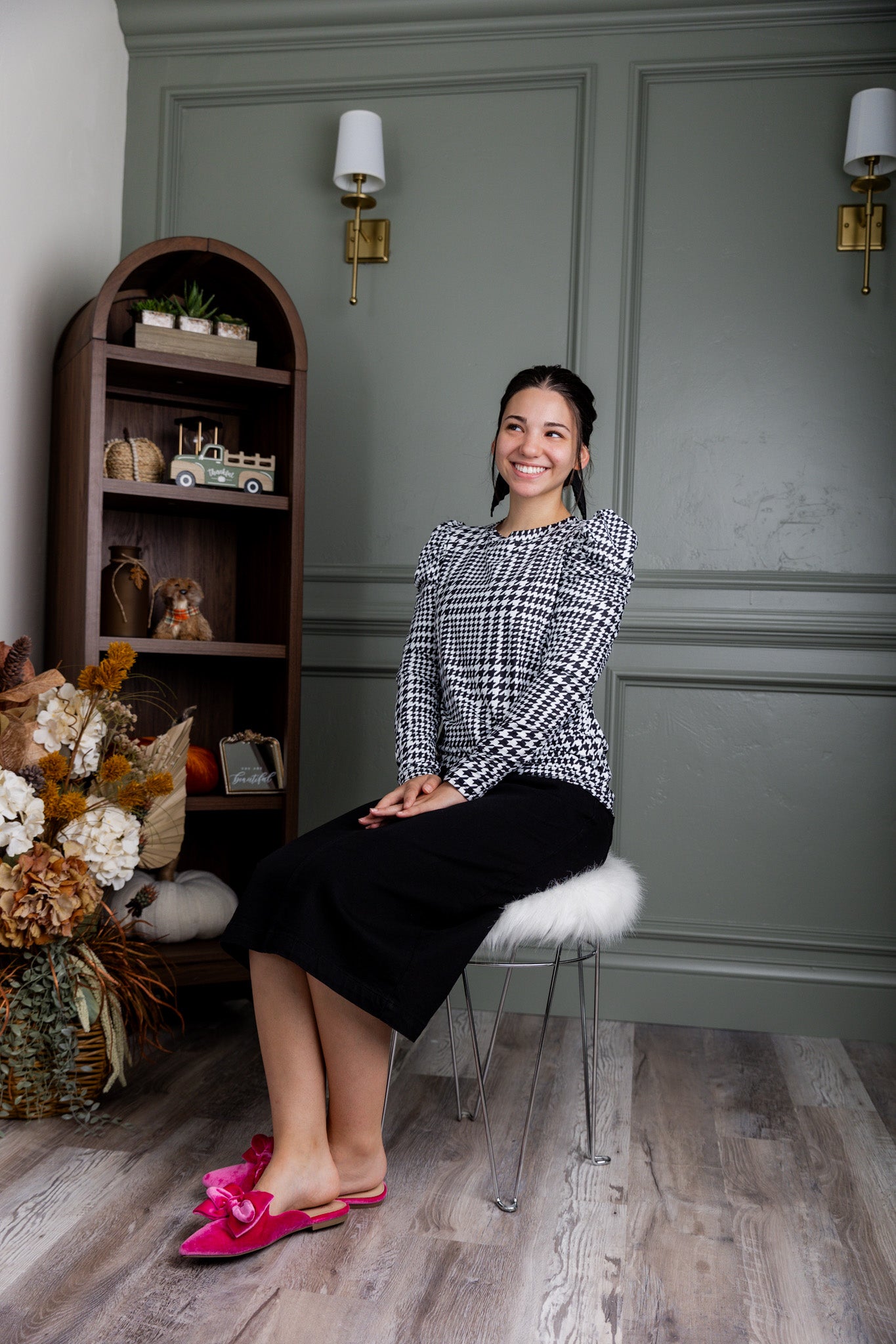 Nuggles® Kyliee top —long sleeve, high neck, puff shoulder modest style.