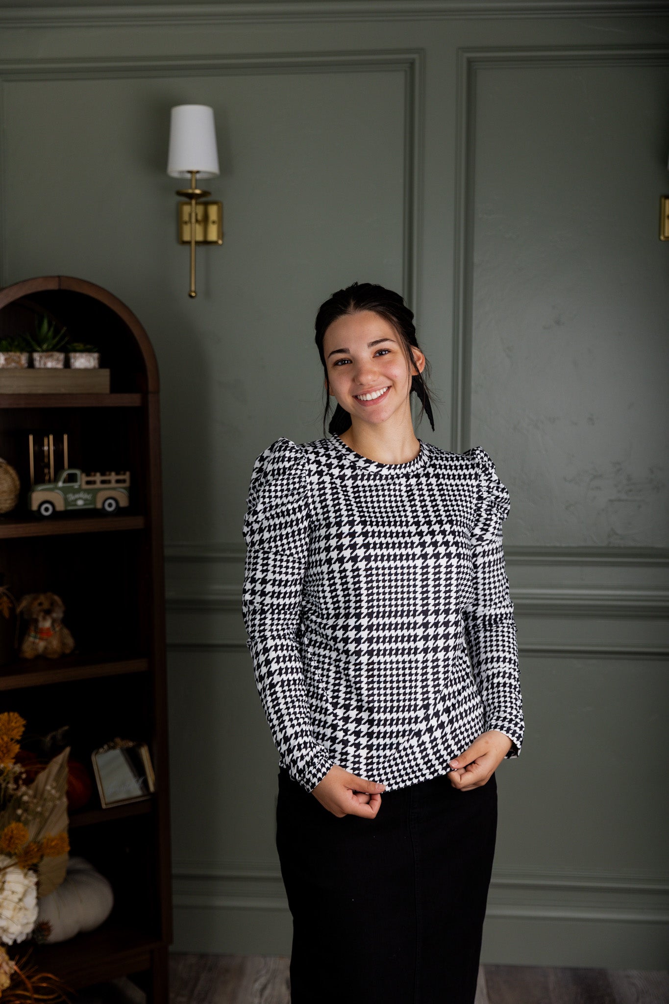 Nuggles® Kyliee top —long sleeve, high neck, puff shoulder modest style.