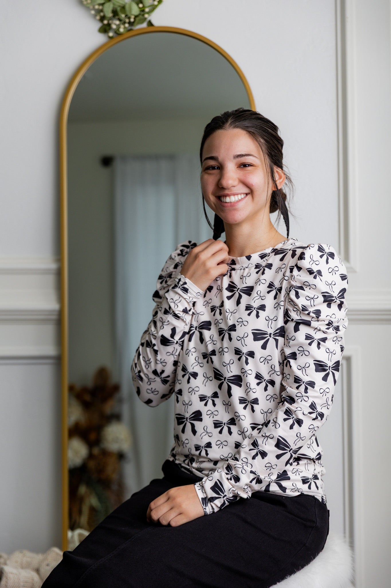 Nuggles® Kyliee top —long sleeve, high neck, puff shoulder modest style.