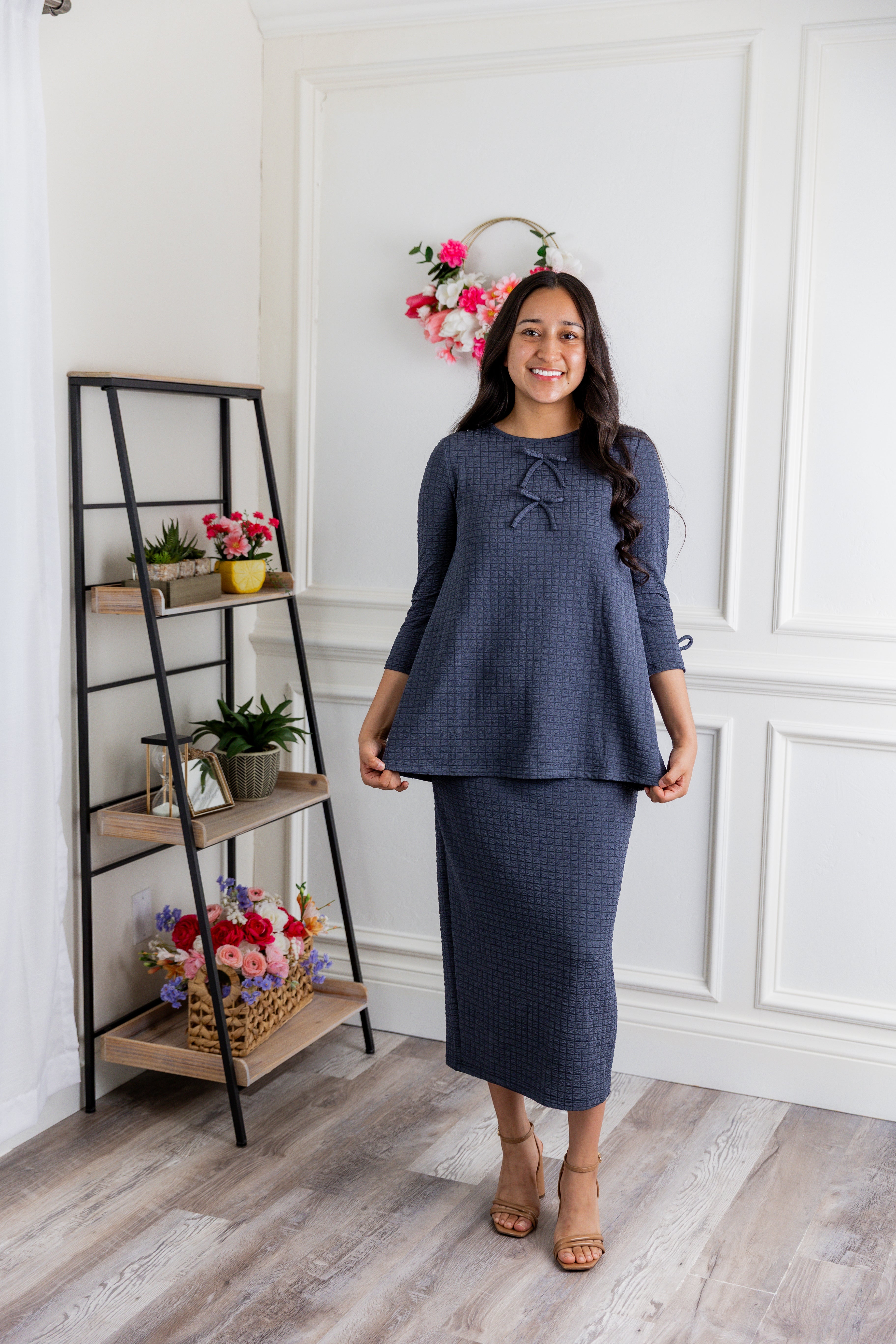 Nuggles® Lexi Skirt in waffle knit with modest mid-calf length and pull-on waistband for women