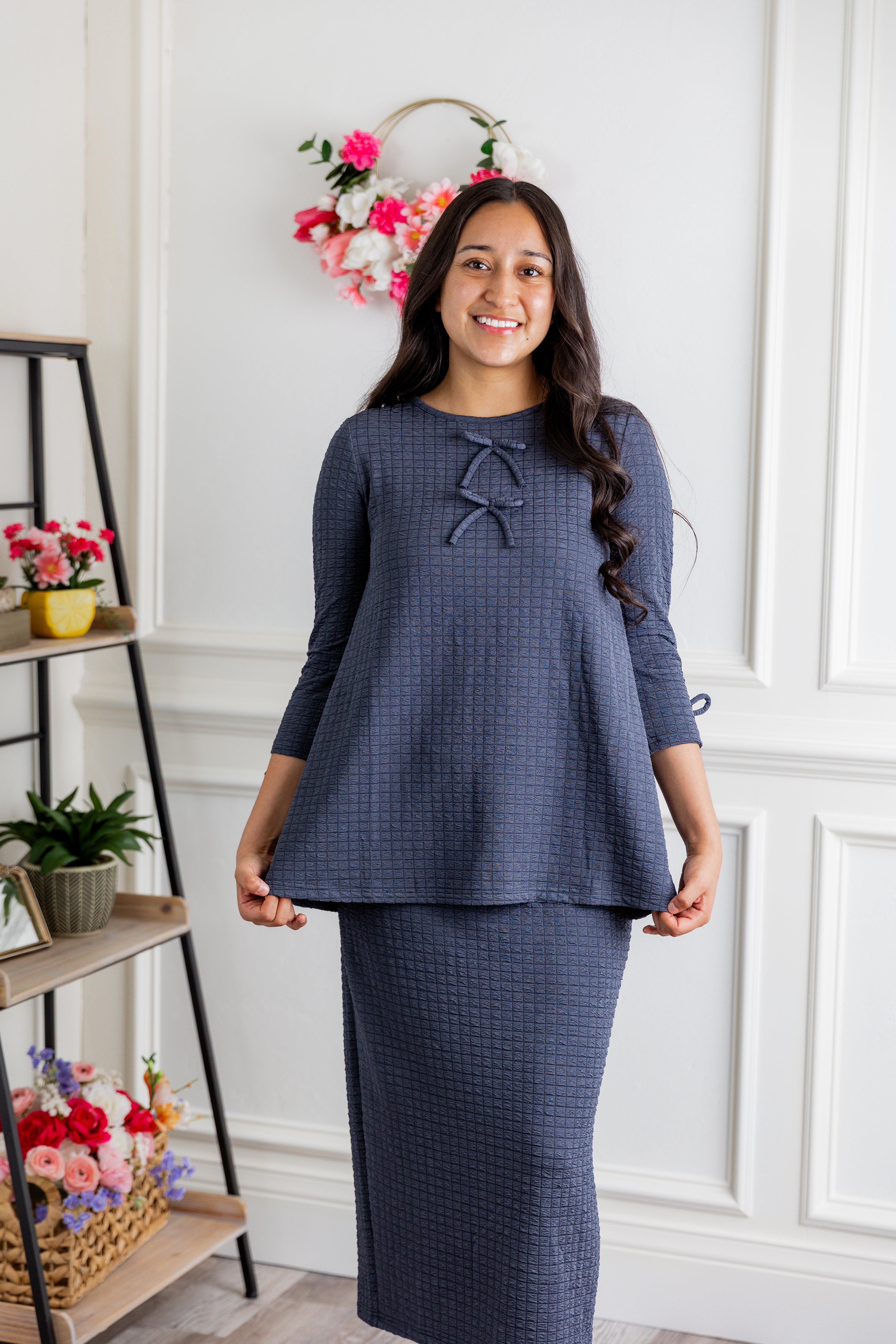 Nuggles® Lexi Top in waffle knit with 3/4 sleeves, bow detail, and modest A-line fit for women