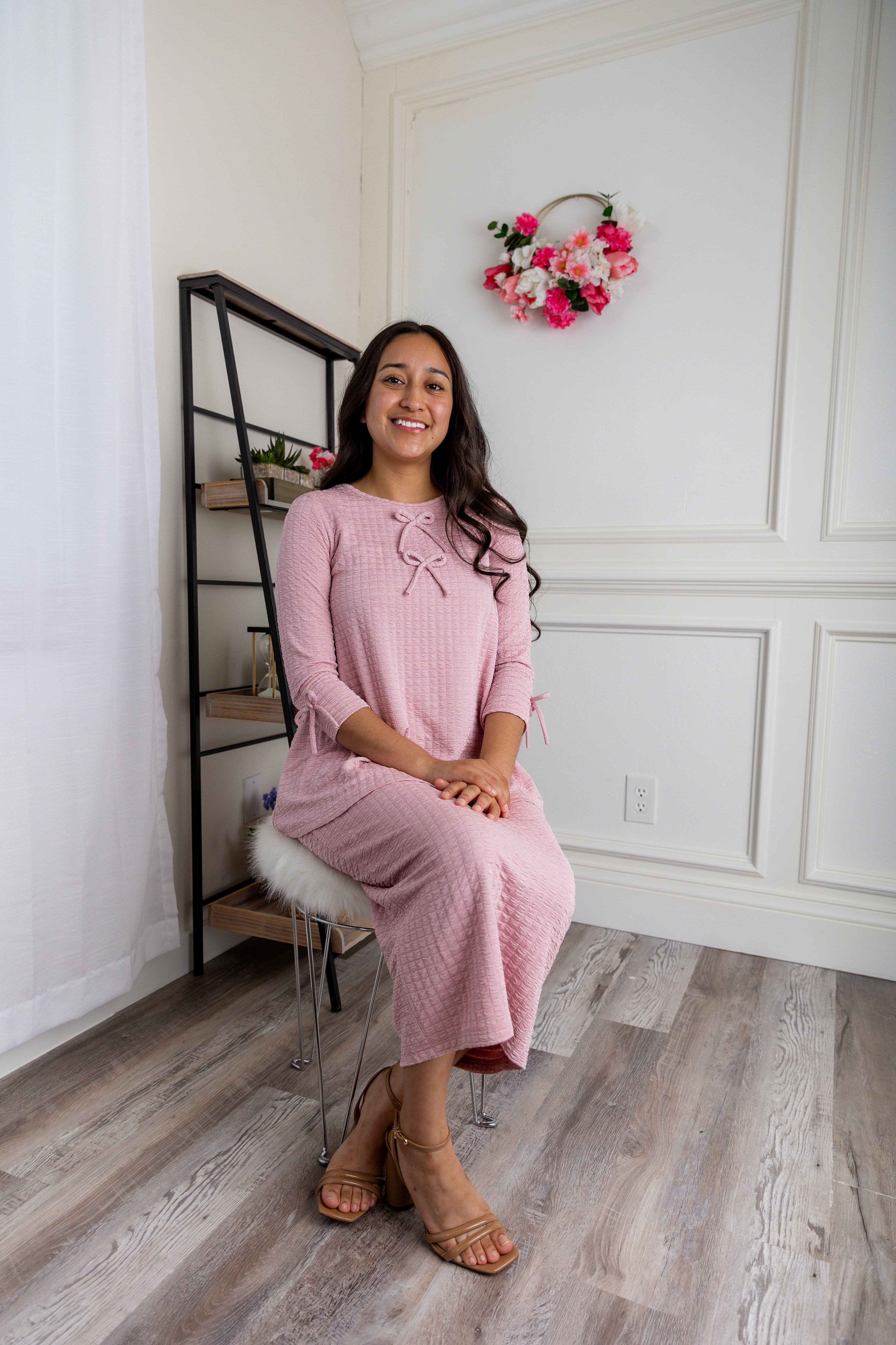 Nuggles® Lexi Top in waffle knit with 3/4 sleeves, bow detail, and modest A-line fit for women