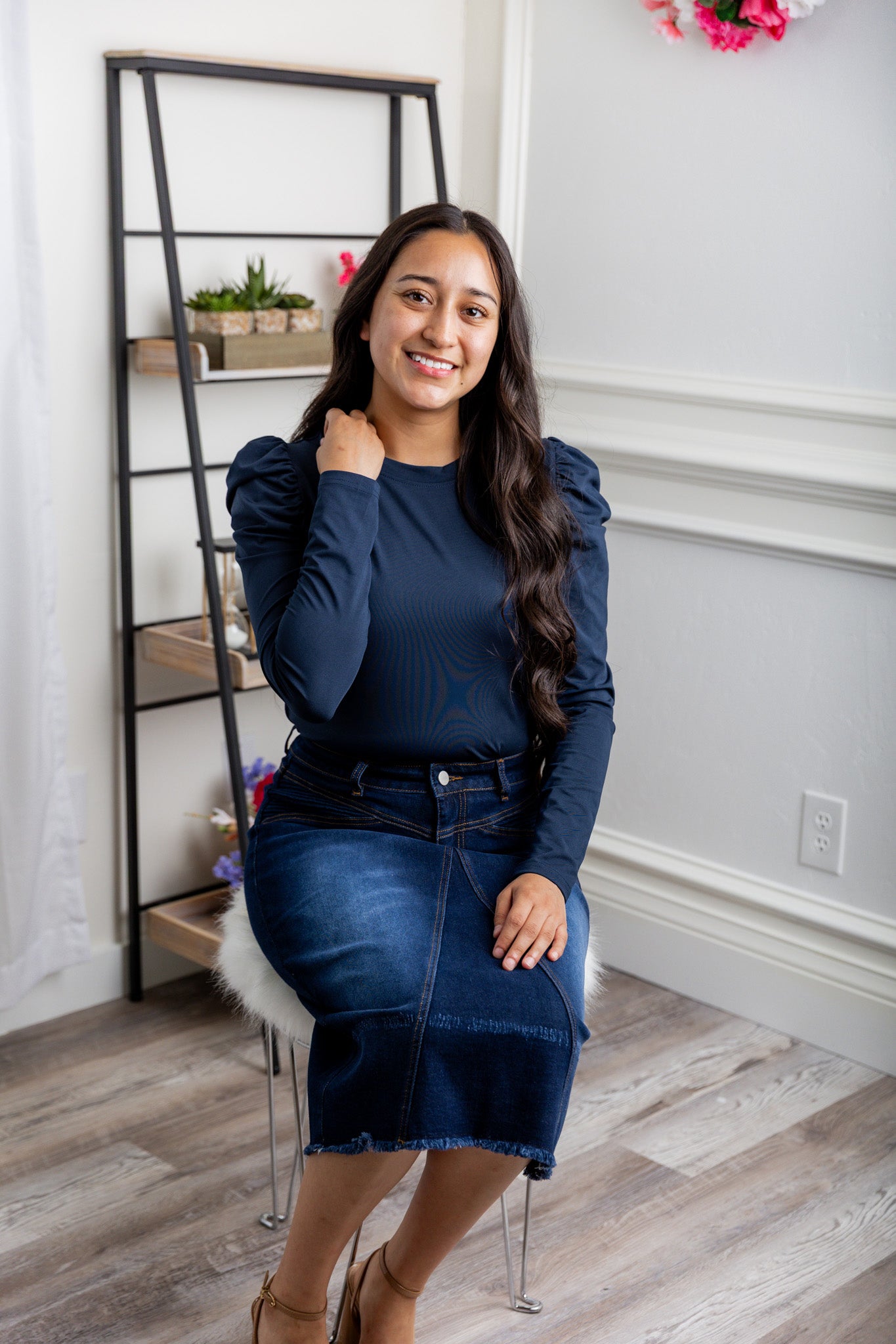 Nuggles® Kyliee top —long sleeve, high neck, puff shoulder modest style.