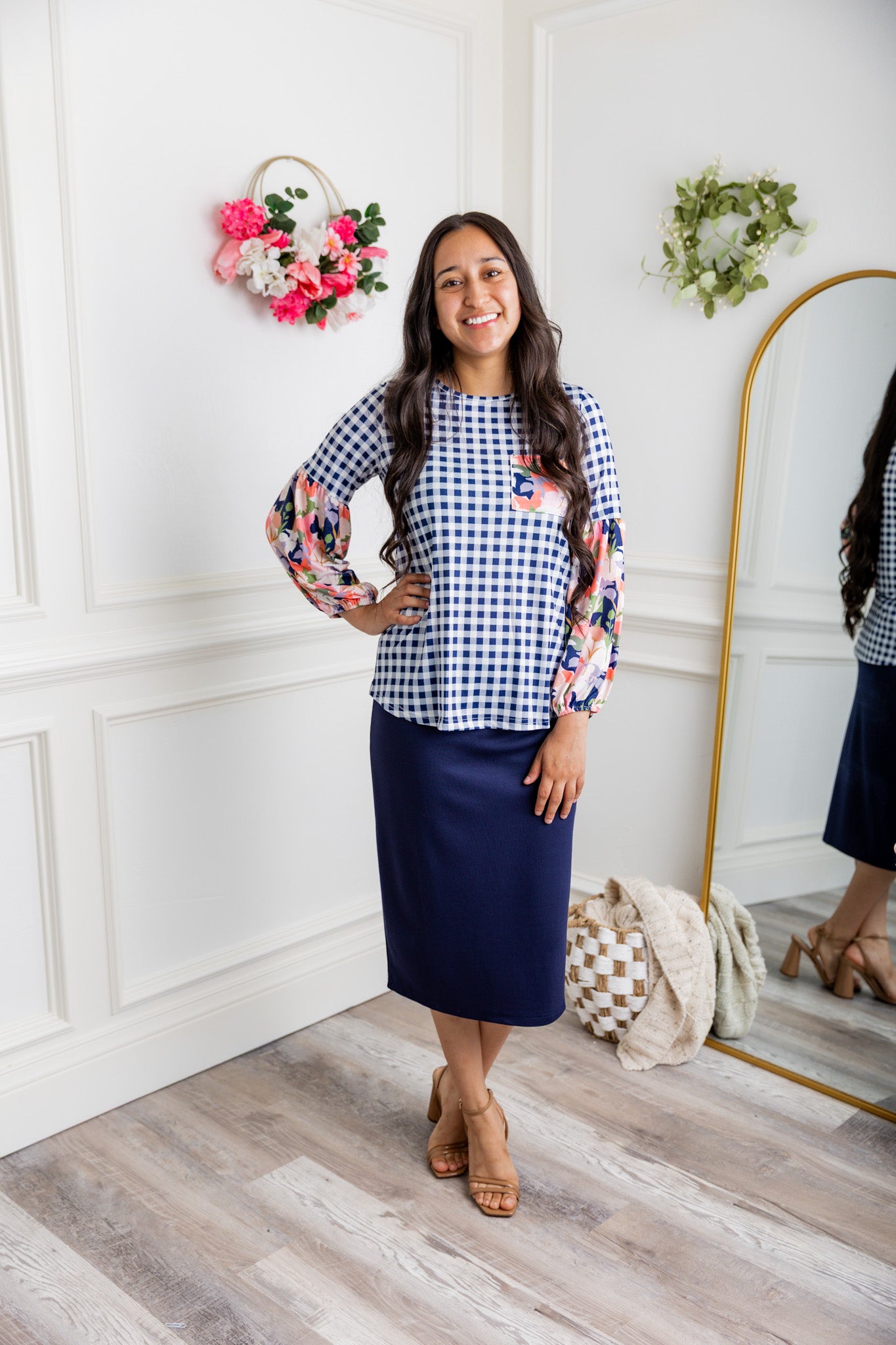 Nuggles® Gianna Top styled with pencil skirt, modest fashion outfit idea for women.