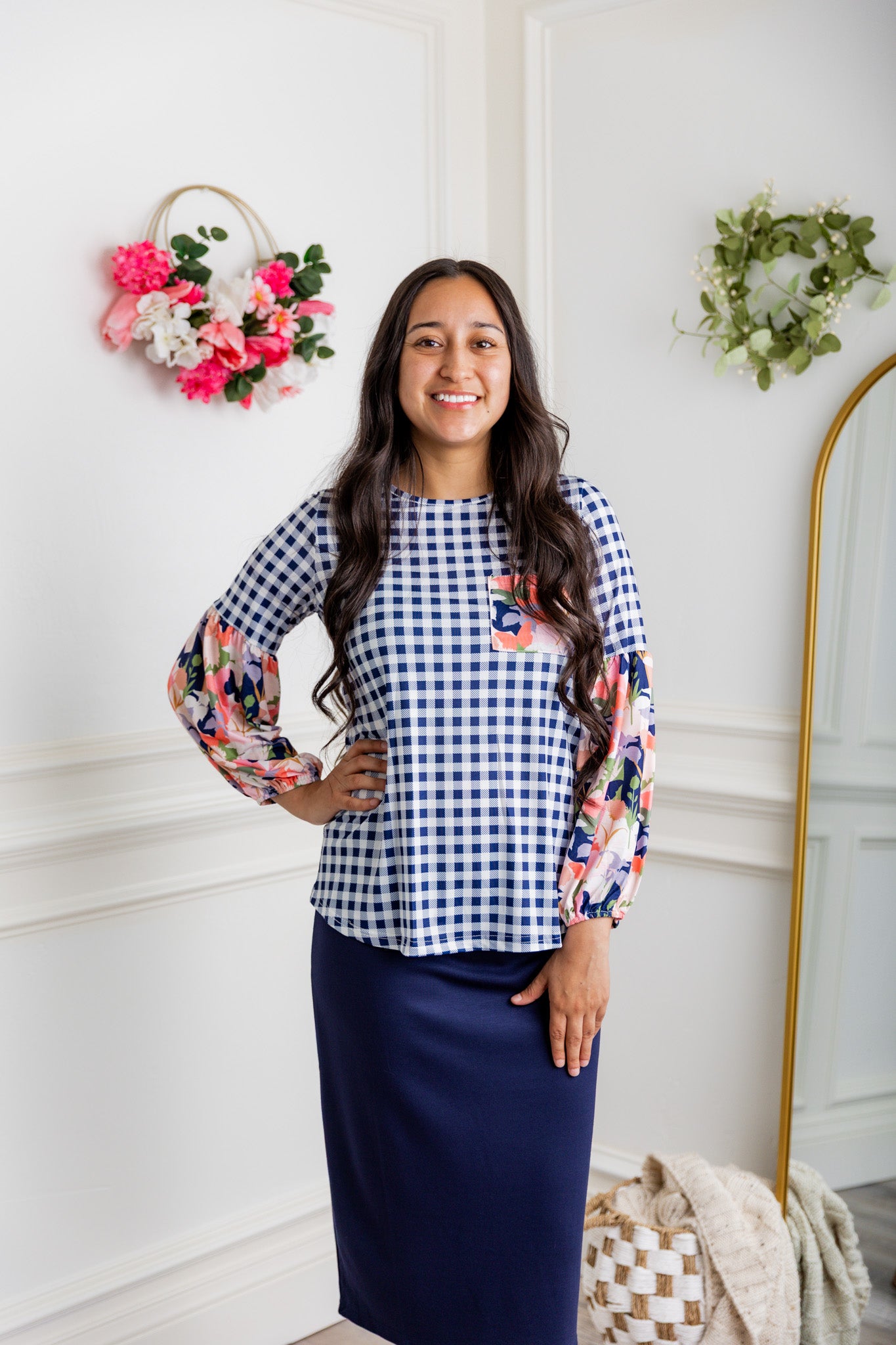 Nuggles® Gianna Top styled with pencil skirt, modest fashion outfit idea for women.