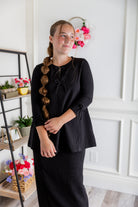 Nuggles® Lexi Top in waffle knit with 3/4 sleeves, bow detail, and modest A-line fit for women