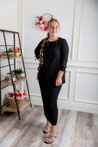 Nuggles® Lexi Top in waffle knit with 3/4 sleeves, bow detail, and modest A-line fit for women