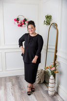 Nuggles® Lexi Top in waffle knit with 3/4 sleeves, bow detail, and modest A-line fit for women