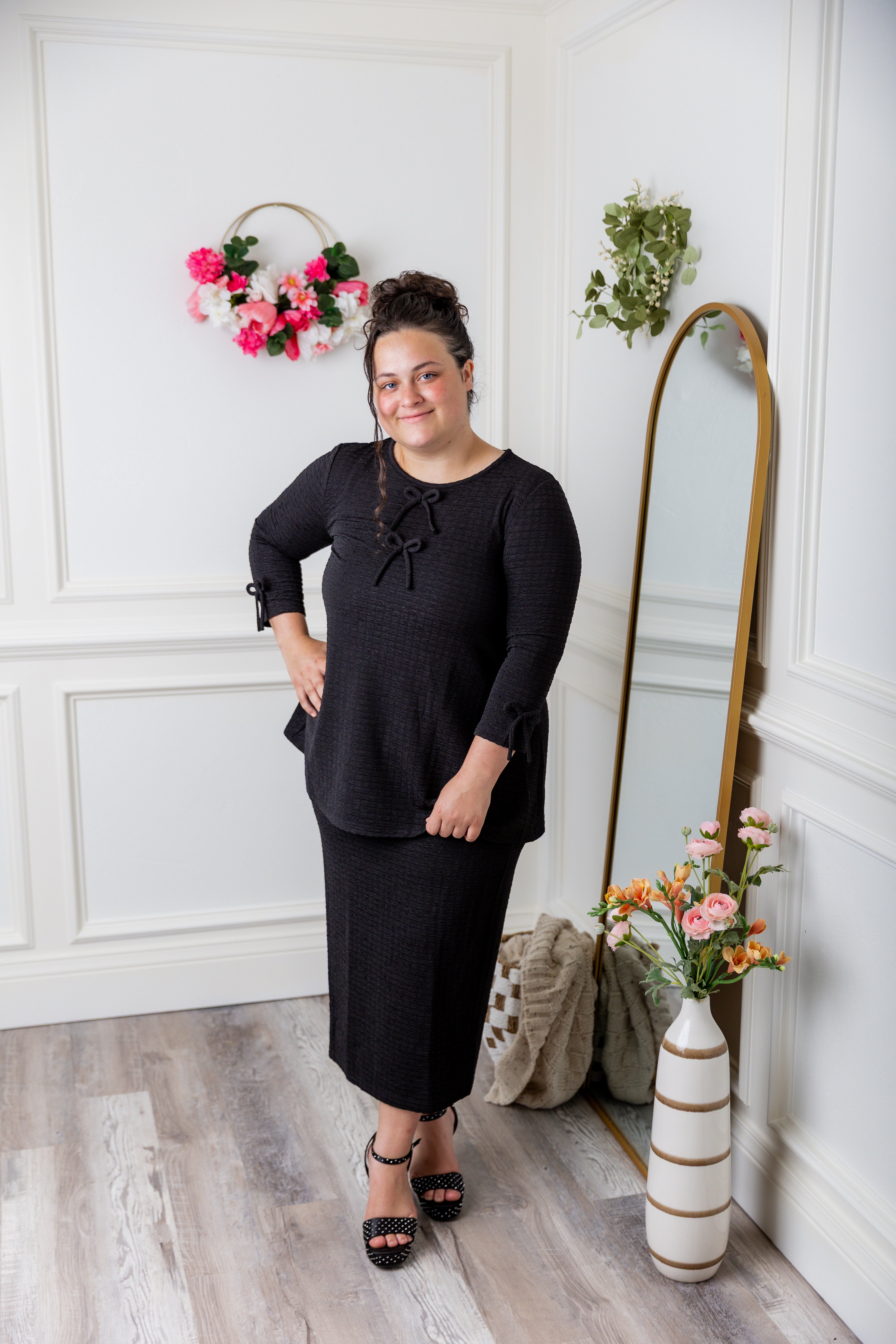 Nuggles® Lexi Top in waffle knit with 3/4 sleeves, bow detail, and modest A-line fit for women