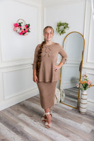 Nuggles® Lexi Top in waffle knit with 3/4 sleeves, bow detail, and modest A-line fit for women