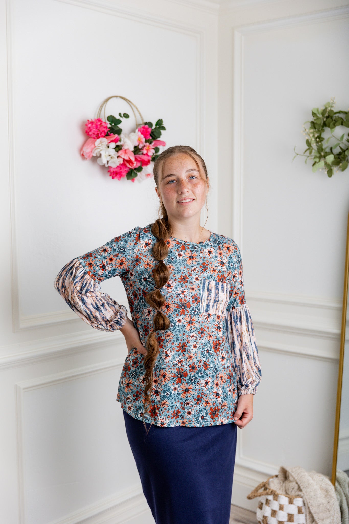 Nuggles® Gianna Top styled with pencil skirt, modest fashion outfit idea for women.