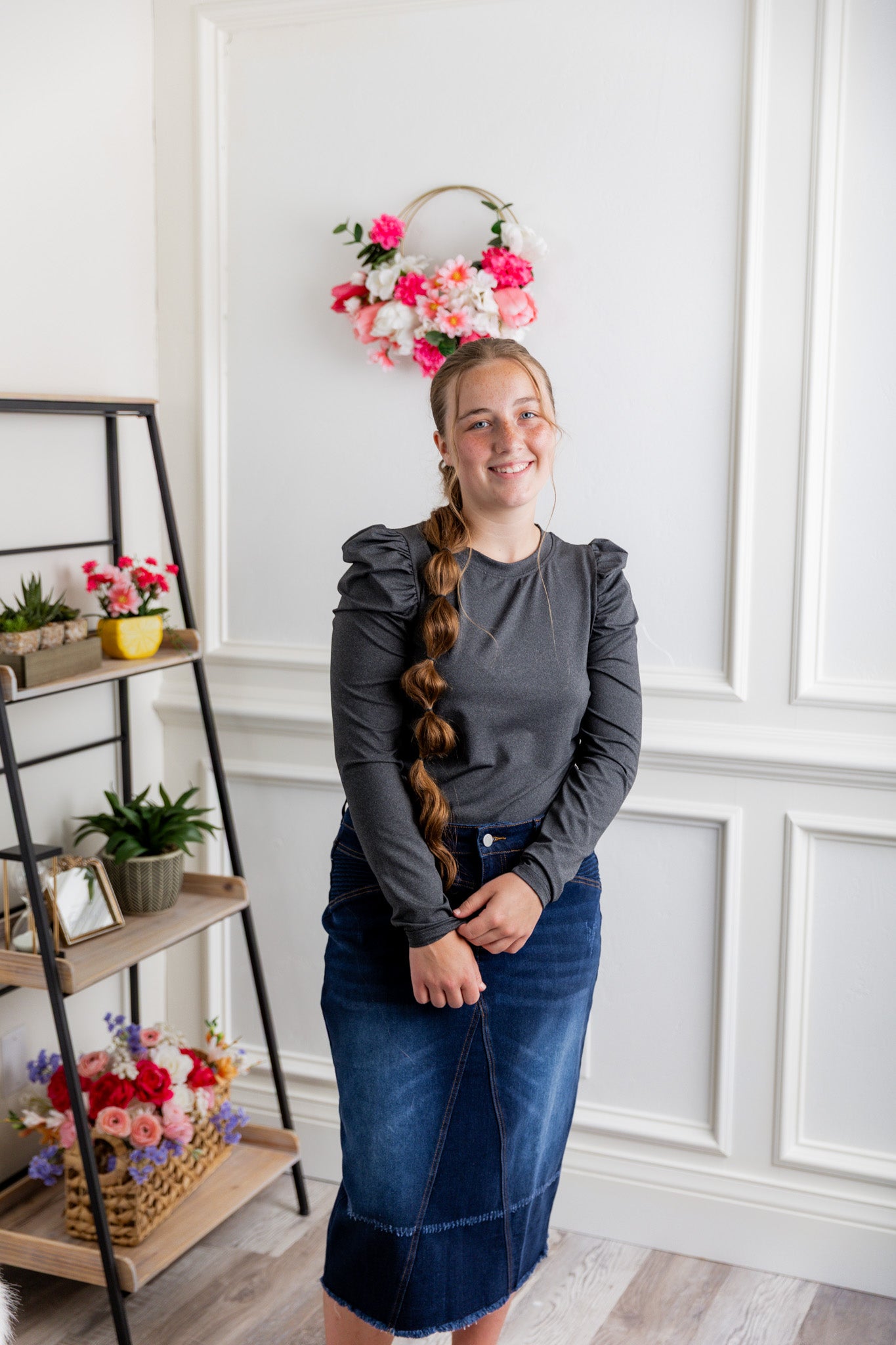 Nuggles® Kyliee top —long sleeve, high neck, puff shoulder modest style.