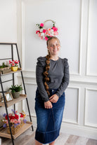 Nuggles® Kyliee top —long sleeve, high neck, puff shoulder modest style.