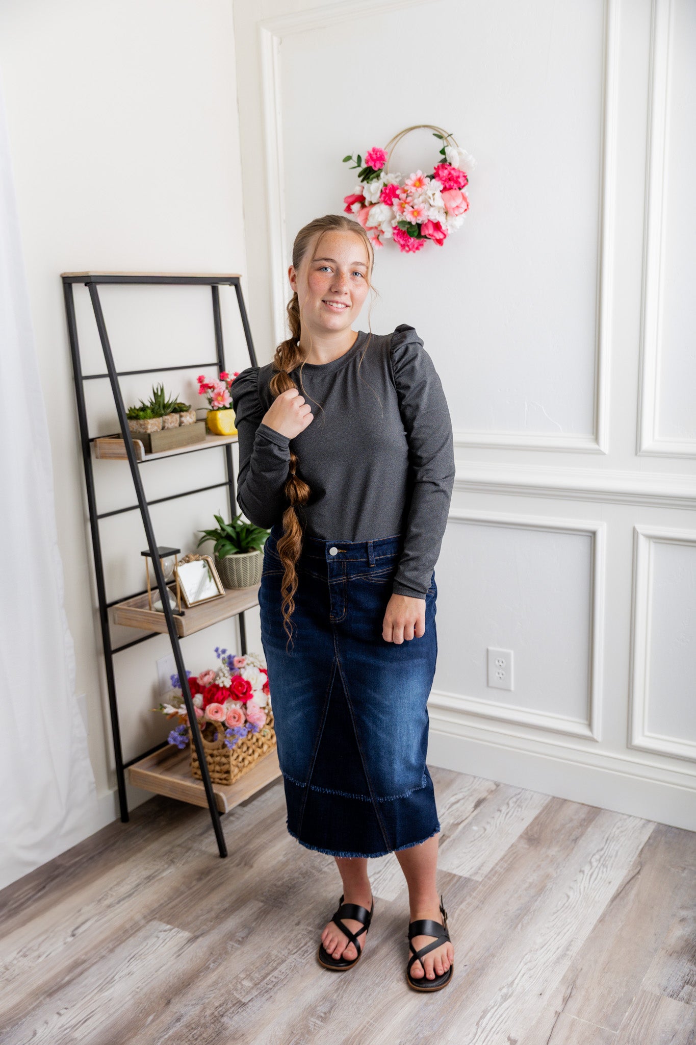 Nuggles® Kyliee top —long sleeve, high neck, puff shoulder modest style.