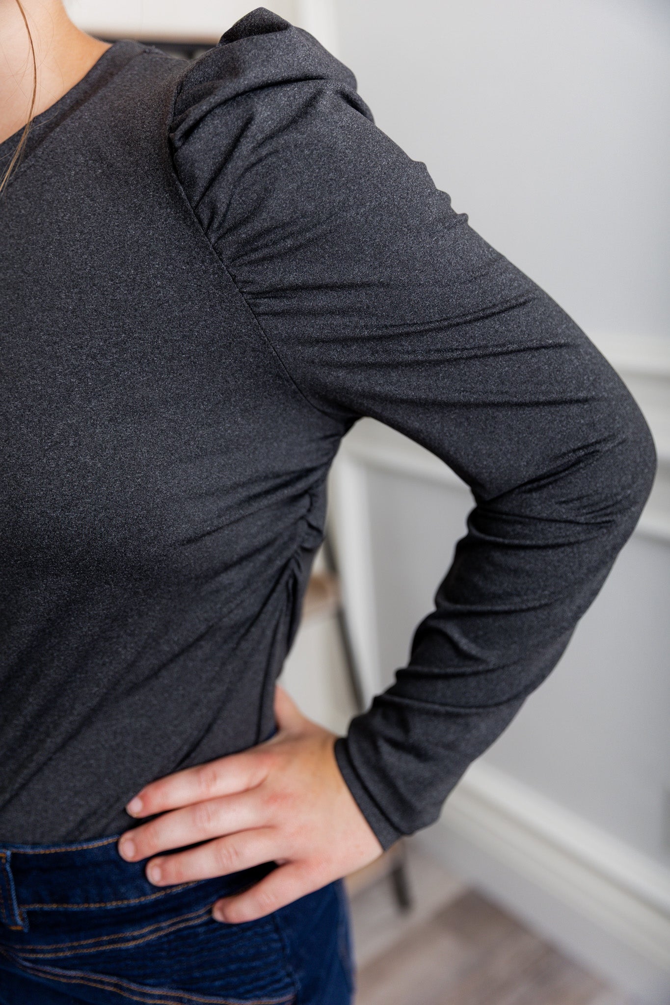 Nuggles® Kyliee top —long sleeve, high neck, puff shoulder modest style.