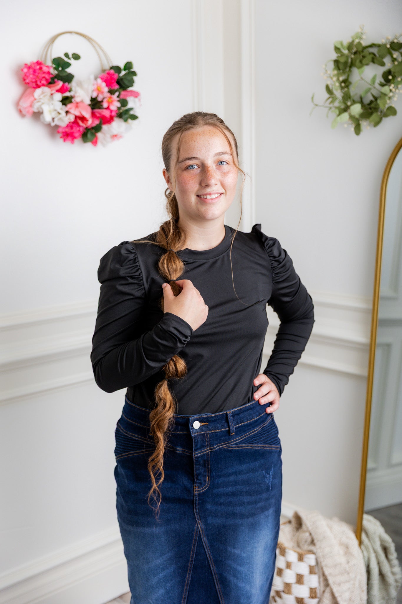 Nuggles® Kyliee top —long sleeve, high neck, puff shoulder modest style.