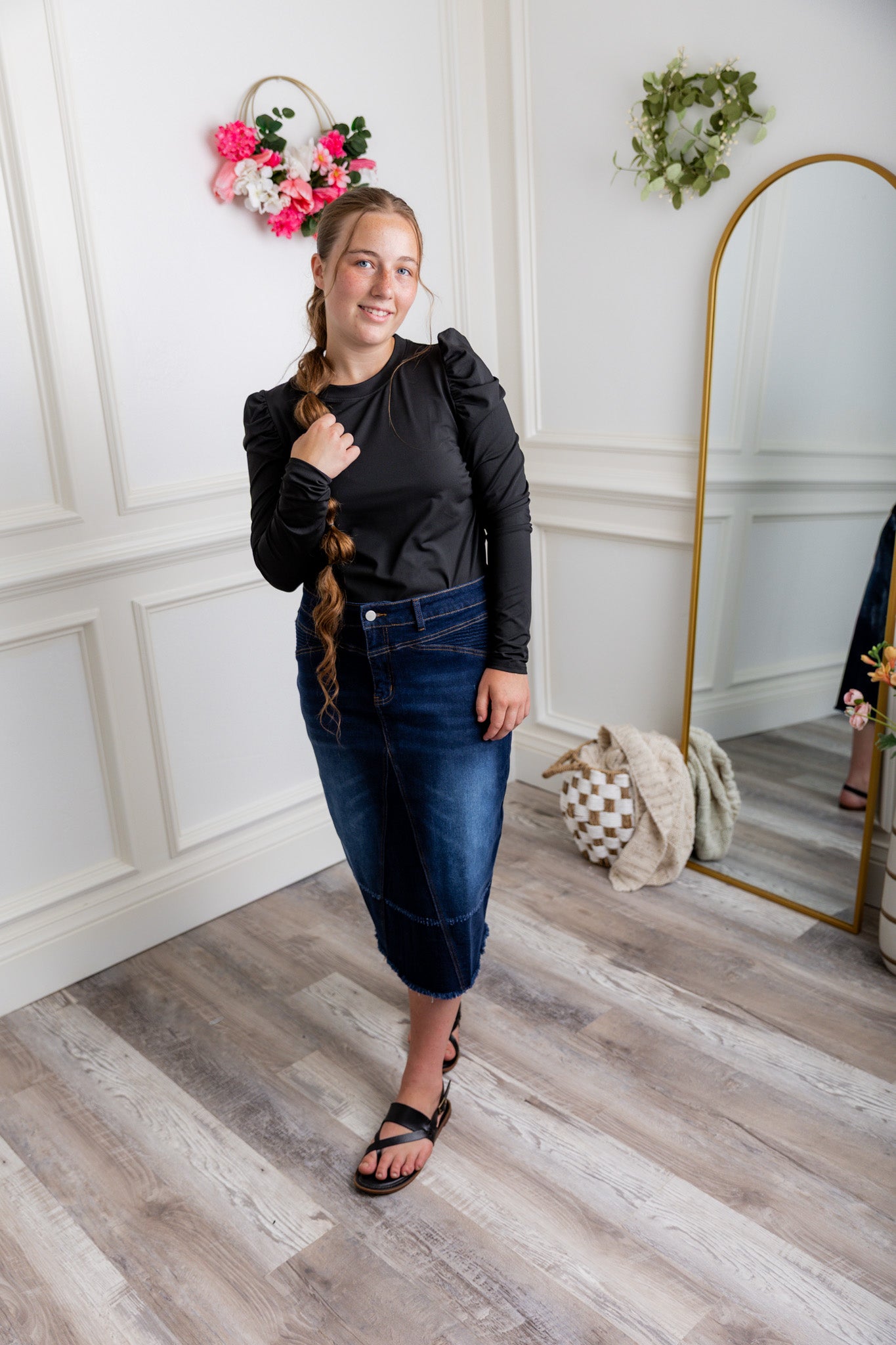 Nuggles® Kyliee top —long sleeve, high neck, puff shoulder modest style.