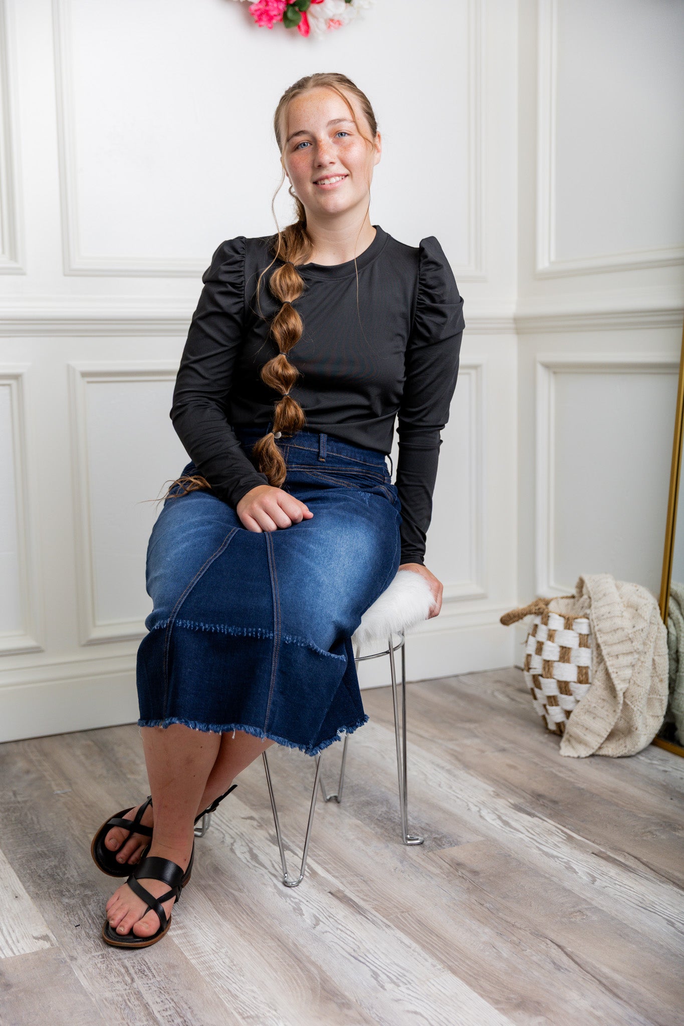 Nuggles® Kyliee top —long sleeve, high neck, puff shoulder modest style.