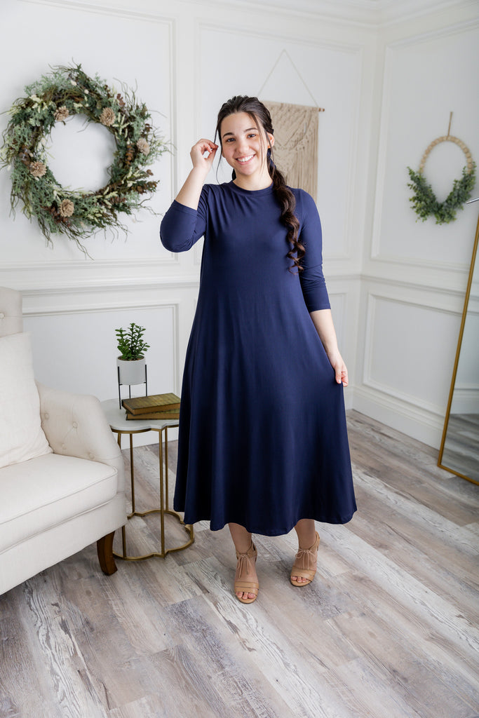 modest swing dress with 3/4 length sleeves prints solids
