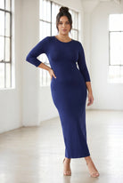 Model wearing Nuggles® Maxi Layering Dress in Dark Blue