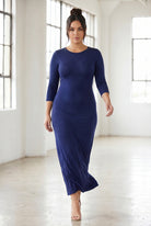 Model wearing Nuggles® Maxi Layering Dress in Dark Blue