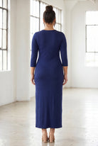 Model wearing Nuggles® Maxi Layering Dress in Dark Blue